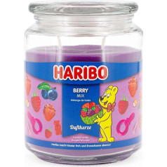 Haribo aromātiskā svece glāzē ar vāciņu ogu maisījuma aromātiskā svece Augļu sveces Ilgs degšanas laiks (100 h) Violetās sveces Liela aromātiskā svece (510 g)