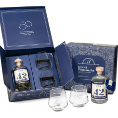 Gin 42 Geschenkset | Premium 2-in-1 Set | 2 x Gin Gläser und 500 ml Dry Gin | Gin Gläser mit Sprüchen | Für XXL-Eiswürfel | Geschenkbox für Männer und Frauen