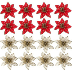 STOBOK 24 Pack Glitter Mākslīgie Poinsettia Ziedi Zīda Ziemassvētku eglītes rotājumi Ziemassvētku vainagi vītnes rotājumi Ziemassvētku eglītei Jaungada rotājumi (sarkans + zelta)