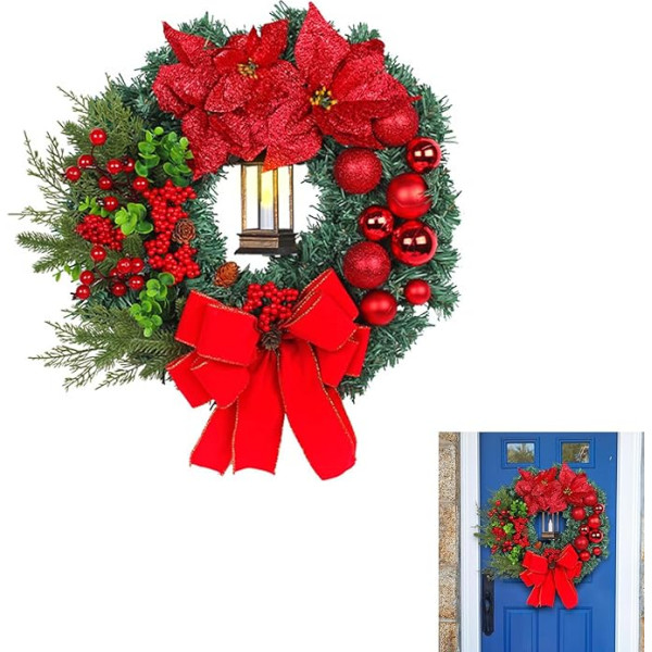 40CM Weihnachten Blumen Türkranz, Weihnachtskranz für Wandbehang Dekoration, Türkranz Weihnachten mit Led-Licht, Wiederverwendbar Künstlich Kranz für Weihnachtsdeko,Haustür Wand Fenster Weihnachtsdeko