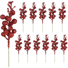 Glitter Berry Stems 20cm Mākslīgie Holly zari Glitter Berry Christmas Picks Ziemassvētku eglīšu rotājumiem Amatniecība Ziemassvētku vainagu vainagu dekorēšana Sarkans 12 gab.