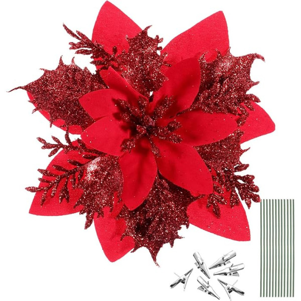 Toddmomy 12 gabali Glitter Poinsettia Mākslīgie Ziemassvētku ziedi Ziemassvētku vainagam, Ziemassvētku eglīšu rotājumiem ar 12 kātiņiem un skavām (sarkans)