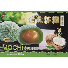 AWON Mochi Coconut Pandan, maži lipnūs ryžių pyragėliai, desertas arba saldus užkandis (4 x 180 g, 6 Mochi pakuotėje)