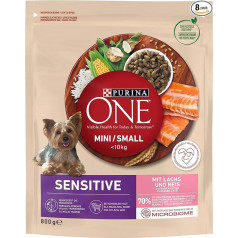 PURINA ONE Mini/Small delikāts sausais barība maziem suņiem, ar daudz laša un rīsu, 8 gab. (8 x 800 g)