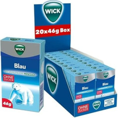 WICK Blue Cough Drops bez cukura uzglabāšanas iepakojums - dziļa elpošanas pieredze, pateicoties mentolam un dabīgajam Arvensis piparmētru aromātam - 20 pilienu iepakojums (20 x 46 g)