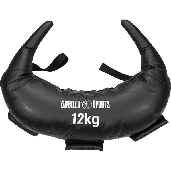 GORILLA SPORTS® bulgāru maiss - 5 kg, 8 kg, 12 kg, 17 kg un 22,5 kg, 5 cilpas, mākslīgā āda, melns - smilšu maiss, bulgāru maiss, spēka maiss, smilšu maiss, spēka treniņi, fitness