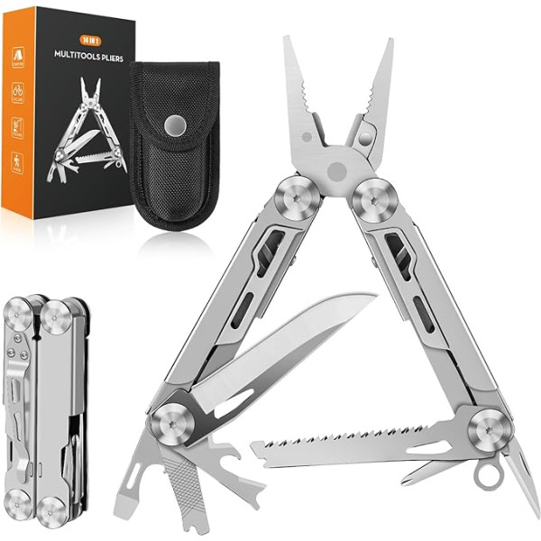 Rolgno Multitool, dāvanas vīriešiem, 14 in 1 salokāms nerūsējošā tērauda multitool rīks ar knaiblēm, nazi, zāģi, skrūvgriezi, multitools ar neilona somu, sīkrīks kempingam, remontam, pārgājieniem