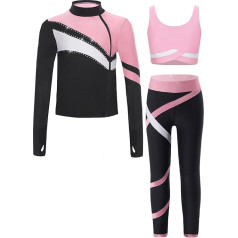 YiZYiF Girls' Figure Skating Suit Children's Sports Clothing Long Sleeve Jacket Leggings Crop Tank Top Set of 3 Ice Skating Dance Suit