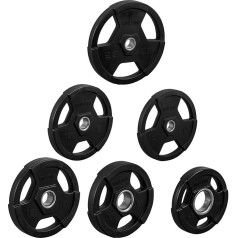 GORILLA SPORTS® Olympia svaru plāksnes - 1,25 kg, 2,5 kg, 5 kg, 10 kg, 15 kg, 20 kg, 25 kg atsvari, Tri-Grip, 50 mm caurums, plastmasas, melnas - Svaru plāksnes, olimpiskie diski, hanteles