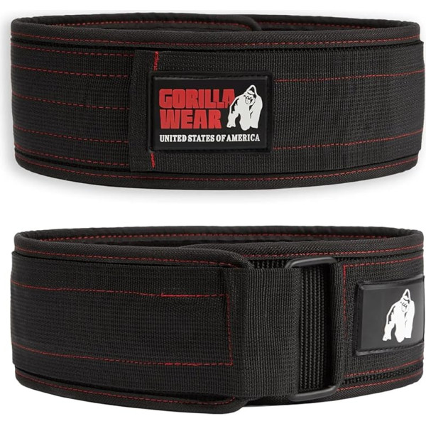 Gorilla Wear - 4 collu neilona celšanas josta - melna/sarkana - Bodybuilding Spēka treniņu trenažieru zāle Svarcelšanas atbalsts Stabilizācija ar logotipiem sportam Izgatavots no neilona