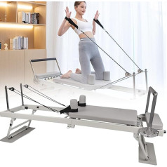 DPQYJPP Regulējama Pilates gulta, daudzfunkcionāla salokāma jogas gulta, Pilates reformators mājai ar metāla atsperi, reformatora pilates mašīnas ierīce, salokāma, pelēka