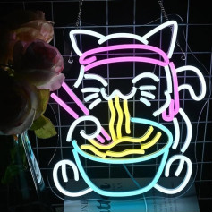 LUCUNSTAR Lucky Cat Ramen Neon ženklas, Dimmable Japonijos LED ženklas, Šviesos ženklai ant sienos, šviesos ženklai Dekoravimo parduotuvės ženklai, virtuvė, valgomasis, namų baras, sienų menas, dovanos