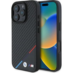 CG MOBILE BMW HC M telefona futrālis iPhone 16 Pro, izturīgs, triecienizturīgs, saderīgs ar Magsafe, PU Carbon Tricolor Line, melns