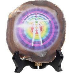 KYEYYGWO 7 čakru agāta disku ornaments ar koka statīvu, neregulāras agāta šķēles dārgakmens Reiki dziedinošais akmens Feng Shui apdare meditācijai, amulets, čakru līdzsvars