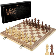 LEAP šaha spēle 43 cm x 43 cm koka šaha dēlis ar 2 papildu dāmām Salokāms koka šahs lielā izmērā ar glabāšanas nodalījumiem šaha figūrām pieaugušajiem vai iesācējiem