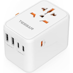 TESSAN ceļojuma adapteris Worldwide USB C, 65 W GaN ceļojuma adapteris, ātrs lādētājs, ceļojuma kontaktdakša ar 2 USB un 3 USB C, universāls Japānai, Vācijai, ASV, Anglijai un Ķīnai