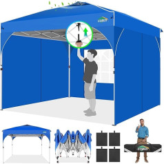 COBIZI Lapene 3 x 3 m, ūdensizturīga, stabila, ziemcietīga, saliekama, saliekama lapene, 3 sānu paneļi, iznirstoša, saliekama lapene kempingiem, festivāliem, dārziem, pludmalēm, uzņēmējdarbībai, 4 smilšu maisi, zila, 4 smilšu maisi