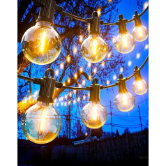 Zuske LED āra pasaku gaismas, 15 m, ar 25 + 2 silti baltām G40 spuldzēm, IP65 ūdensizturīgas, dārzam, terasei, kāzām, kāzām, ballītēm, balkonam, bistro