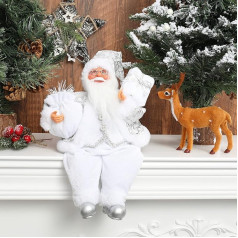 AnyDesign Santa Figurines Handmade White Silver Coat Sitting Doll with Gift Bag and Gifts Christmas Decoration for Home Office Table Christmas Ornament Gift