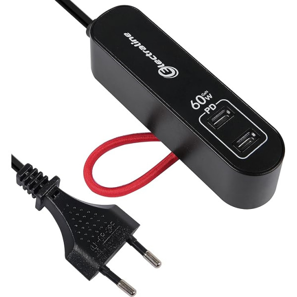 Electraline 62655 Portatīvais lādētājs Power Delivery GaN ar 2 USB C tipa PPS protokolu visu ierīču (tostarp datoru) uzlādei, 1,5 m pagarināšanas kabelis, Eiropas kontaktdakša, balts, 60 W PD