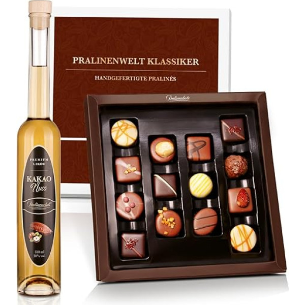 Pralinenbote Genussmanufaktur - Dāvanu komplekts Kakao un riekstu liķieris & Pralinenwelt Classic ar 14 ar rokām darinātiem vācu šokolādes izstrādājumiem, eleganta baudas dāvana