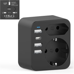 Adapteris England Germany Plug, ceļojuma adapteris UK ar 3 USB 1 USB C (3.4A), ceļojuma kontaktdakšas strāvas adapteris G tipa kontaktligzdas adapteris Anglijai, Lielbritānijai, Īrijai, Dubaijai, Maldīvu salām (melns) (melns) (Black)