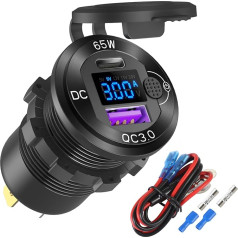 12V USB ligzda Alumīnija auto lādētājs PD65W Auto USB ports portam portatīvajam datoram, Quick Charge 3.0 USB ports automašīnai, iebūvēts Boost ligzdā, ūdensizturīgs ar voltmetru un slēdzi laivai utt.