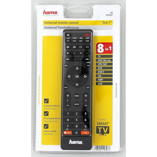 Hama universālā tālvadības pults (piemērota līdz pat 4 ierīcēm un vairāk nekā 1000 zīmoliem) melna 8-in-1 (Smart TV)