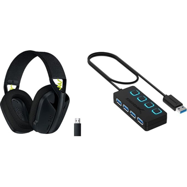 Logitech G 435 Lightspeed bezvadu Bluetooth spēļu austiņas, vieglas austiņas uz ausīm - melnas & Sabrent USB HUB - 4 porti - USB 3.0 centrmezgls ar vienu barošanas slēdzi un LED (HB-UM43)