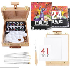 Easel with Oil Paint Set - Painting Set 41 Pieces: 24 Tubes Oil Paint 3 Canvas for Painting 1 Painting Pad 10 Brushes 1 Painting Spatula 1 Palette 1 Table Easel Zenacolor