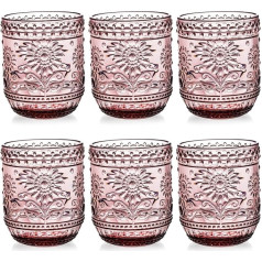 Hacaroa Pack of 6 350ml Tumblers, Vintage Water Glasses Purple Coloured Glassware Heavy Duty, Decorative Flowers Embossed Drinks Cups for Whisky, Beer, Juice, Wine