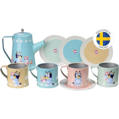 Bluey rotaļlietu trauki bērniem - krāsaina dizaina trauki bērniem, rotaļu tējas piederumu komplekts, kas lieliski piemērots rotaļu virtuvei, ietver krūzi, šķīvi un tējkannu, piemērots 3+ gadu vecumam