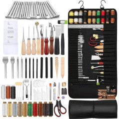Ruasol 102 Ādas darbarīki, ādas darba rīki ar ādas glabāšanas somu un rokasgrāmatu, ādas šūšanas komplekts ar caurumošanas rīkiem, šujmašīnas perforators, vaska diegs caurumošanai, griešanai, izciršanai, šūšanai un griešanai