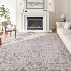 HUGEAR Grey Area Rug 150 x 210 cm iekštelpu Vintage dzīvojamās istabas paklājs Virtuves mazgājams apbružāts paklājs Pelēks ziedu guļamistabas paklājs Retro akcents mešanas paklājs birojam ēdamistabai Vannas istaba