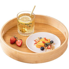 Bambusa servēšanas paplāte, apaļš koka paplāte ar rokturiem un paaugstinātu malu, servēšanas šķīvis pārtikai, kafijai, vīnam, kafijai, tējai, augļiem, ēdieniem (30 x 30 x 5 cm)