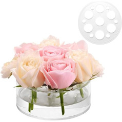 Acrylic Flower Vase 15 cm Diameter Circular Leakproof Clear Acrylic Low Vase with 7+6 Holes - Low Profile Cylinder Floral Centrepiece for Table - Clear