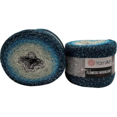 2 x 260 g Ilkadim Export Flowers Moonlight Bobbel vilna su blizgučiais ir spalvų perėjimu, 53 % medvilnės, 520 g Bobble mezgimo vilnos, įvairiaspalvė (Petrol Turquoise Grey 3289)