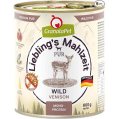 GranataPet Liebling's Mahlzeit Pure Venison mitrā barība suņiem, barība bez graudaugu un cukura piedevām, pilnvērtīga barība ar augstu gaļas saturu un augstas kvalitātes eļļām, 6 x 800 g