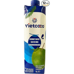VietCOCO Pure Coconut Water 12 x 1 L 100% kokosriekstu ūdens bez piedevām, dabīgs elektrolītu avots, bez taukiem, bez lipekļa, bez ĢMO, mazkaloriju iepakojums 12 gab.