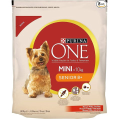 Purina One Mini Senior 8+ sausā barība vecākiem suņiem līdz 10 kg, bagāta ar vistas gaļu un rīsiem, 8 iepakojumi pa 800 g katrā.