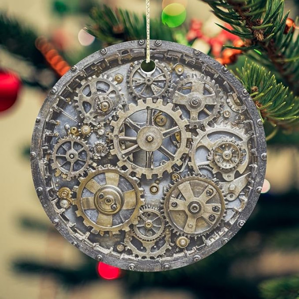 Weihnachtsschmuck, Weihnachtsbaum, Keramik, zum Aufhängen mit goldenem Seil, runder hängender Anhänger, Steampunk, mechanische Zahnräder, Ornamente, Basteln, Weihnachtsbaumschmuck, personalisiertes