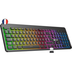 KLIM Light V2 bezvadu AZERTY tastatūra + plakana, ergonomiska, smalka, ūdensizturīga, klusa + apgaismota spēļu tastatūra PC Mac PS4 Xbox 1 + integrēta baterija ar ilgu darbības laiku