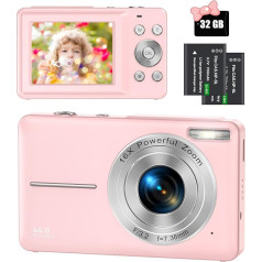 Digitālā kamera 44MP 1080P FHD fotokamera Kompaktā kamera 16X digitālā tālummaiņa ar 32GB atmiņas karti, digitālā kamera bērniem, pusaudžiem, iesācējiem, zēniem, meitenēm (rozā)