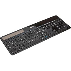 Logitech K750 bezvadu tastatūra, darbojas ar saules enerģiju, 2,4 GHz savienojums, izmantojot USB Unifying uztvērēju, izgaismoti taustiņi, īpaši šaura un ekoloģiska ražošanā, Šveices QWERTY izkārtojums