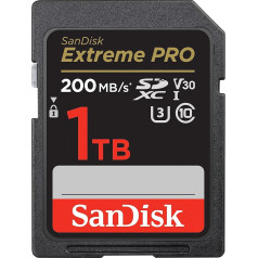 SanDisk Extreme PRO SDXC UHS-I atmiņas karte 1TB (V30, pārraides ātrums 200MB/s, U3, 4K UHD video, SanDisk QuickFlow tehnoloģija, temperatūras izturība)