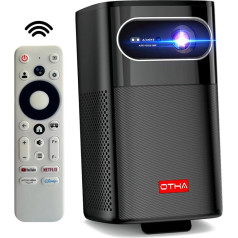 OTHA Mini projektors 1080P Full HD, viedprojektors ar GTV, Netflix, DLP 3D mājas kino projektors, 300 ANSI lūmeni, Wi-Fi un Bluetooth, automātiskā fokusēšana un trapeces korekcija, iebūvēts akumulators, 3 stundas