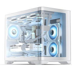 AsiaHorse Micro ATX PC kaste ar divām kamerām, 180° pilna skata rūdīta stikla caurlaidi un USB 3.0, 360 mm radiatora atbalsts, saderīga ar RTX 40, augsta gaisa plūsma, Full-Tower MATX PC kaste