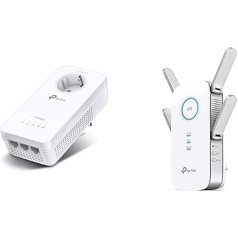 TP-Link WLAN Powerline adapteris TL-WPA8631P (divjoslu WLAN 1200 Mbit/s, AV1300 Powerline), balts un RE655 WLAN pastiprinātājs atkārtotājs AC2600 (Dual WLAN AC + N, 1733 Mbit/s 5 GHz + 800 MBit/s 2,4 GHz)