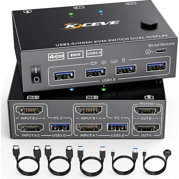 USB 3.0 KVM slēdzis 2 datoriem 2 monitoriem, KCEVE HDMI KVM slēdzis diviem monitoriem ar EDID funkciju, atbalsta 4K @ 60Hz, koplieto monitora peli un tastatūru portatīvajam datoram, PC, PS5, Xbox