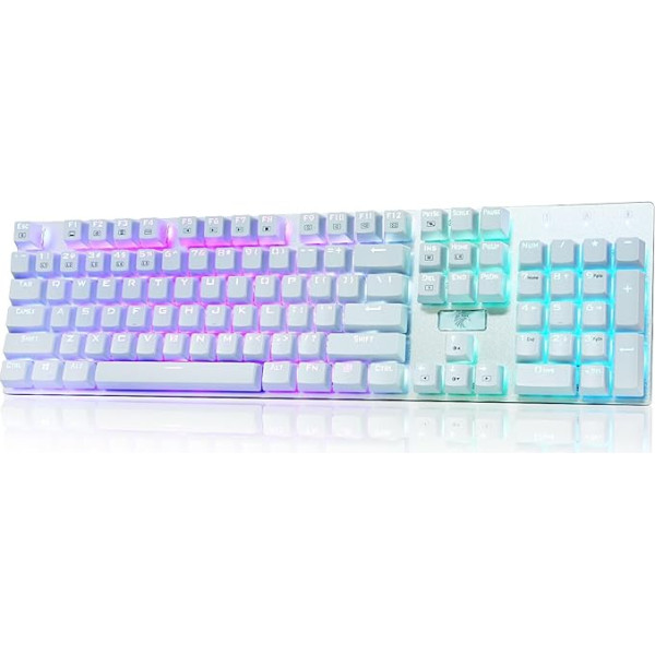 E-Yooso Z-88 RGB mehāniskā spēļu tastatūra, ASV izkārtojums (QWERTY), vadu USB kabelis, regulējams RGB apgaismojums, zili slēdži - klikšķi, metāla paneļa tastatūra, 104 taustiņi Mac, PC, balta